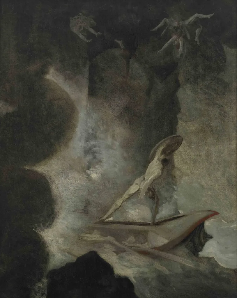 Obraz J. H. Füssliho: Odysseus mezi Skyllou a Charybdou, tmavá bouřlivá scéna