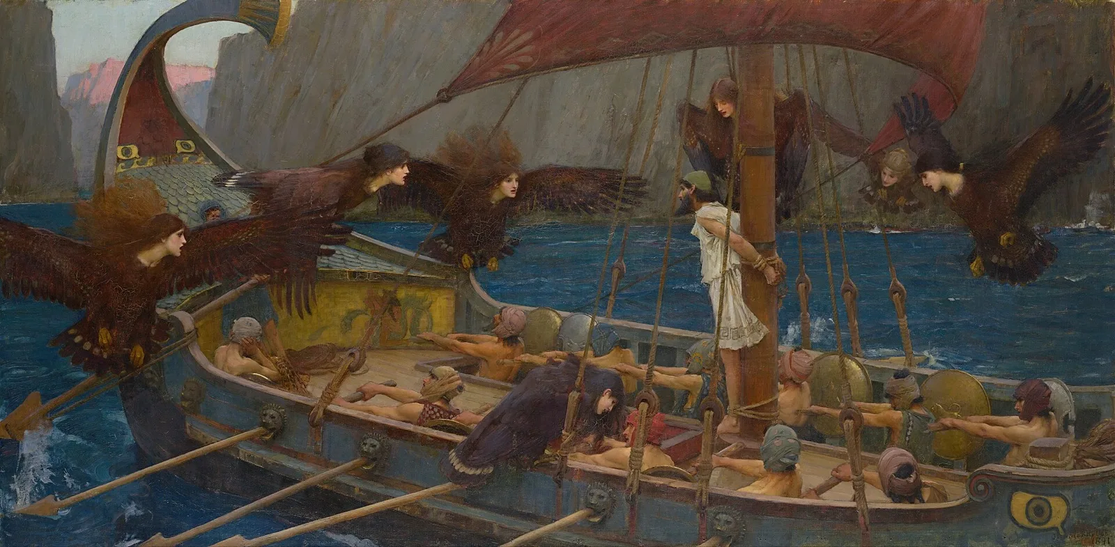 Obraz Waterhouse: Odysseus přivázaný ke stěžni a Sirény jako ptáci se ženskými hlavami