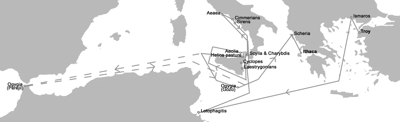 Mapa Středomoří se zastávkami Odysseovy plavby od Tróje po Ithaku, popisky anglicky