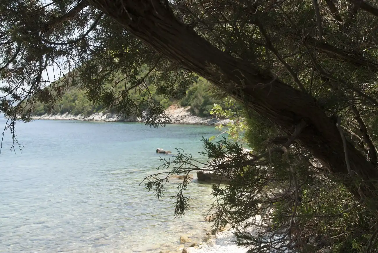 Zátoka Antisamos u Sami s tyrkysovou vodou a borovicemi